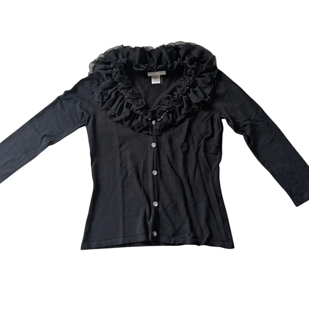 Alberto‎ Makali Black Ruffle Rosette Cardigan Rhinestone Button Knit Top Small